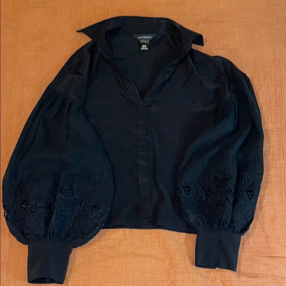 Club Monaco Black Puff Sleeve Blouse with Notched Collar